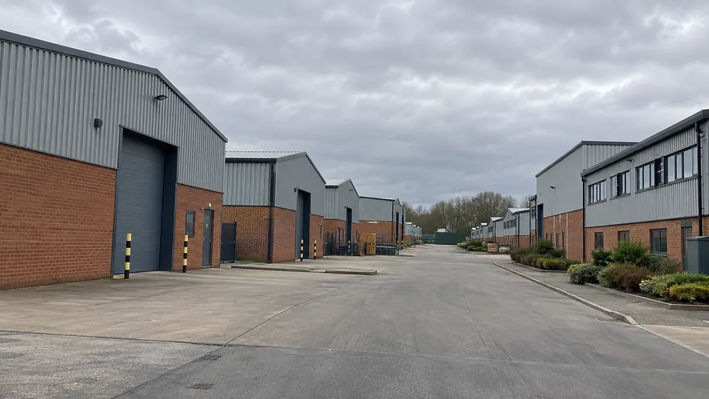 Commercial premises and access road typical of Nottinghamshire industrial estates